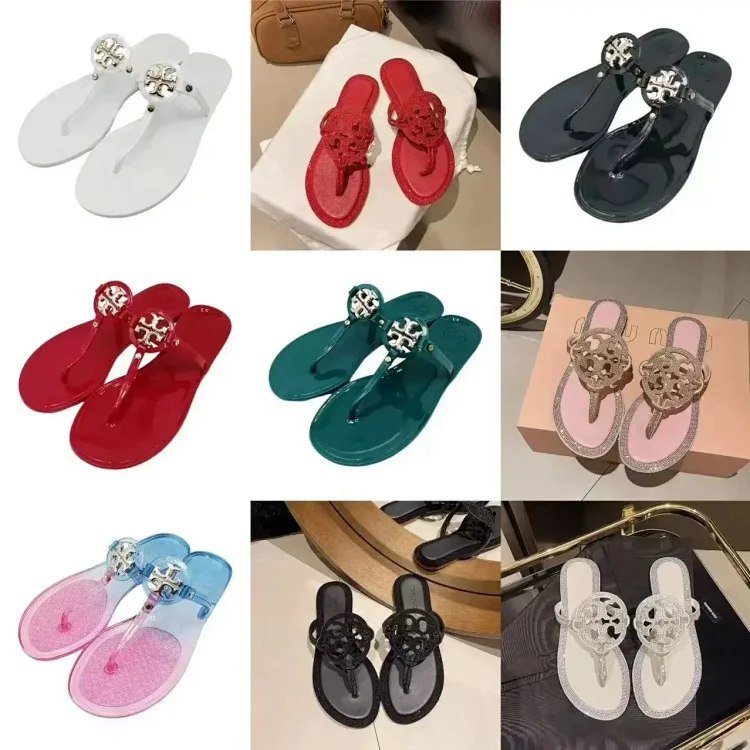  Tory Bury New diamond flat bottom women's slippers ins fashionable beach thong toe rivet rhinestone flip flops -2
